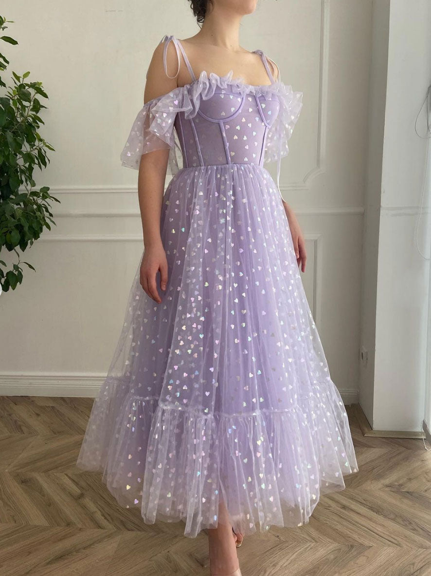 Purple tulle tea length prom dress ...